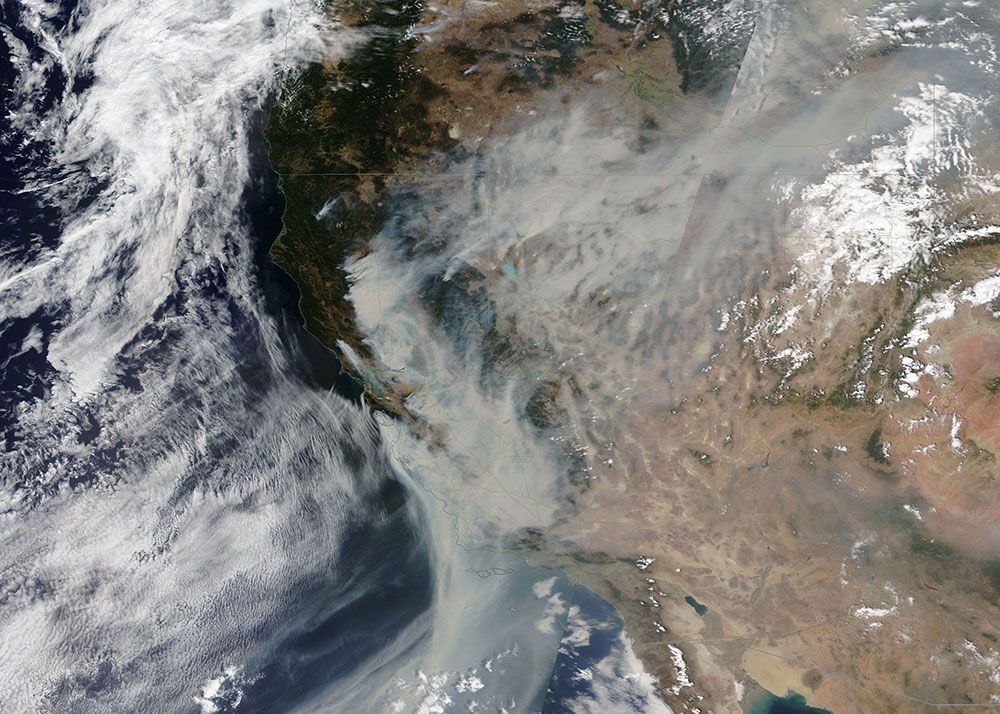 Satellite image shows smoke over California from wildfires on Aug. 20, 2020.