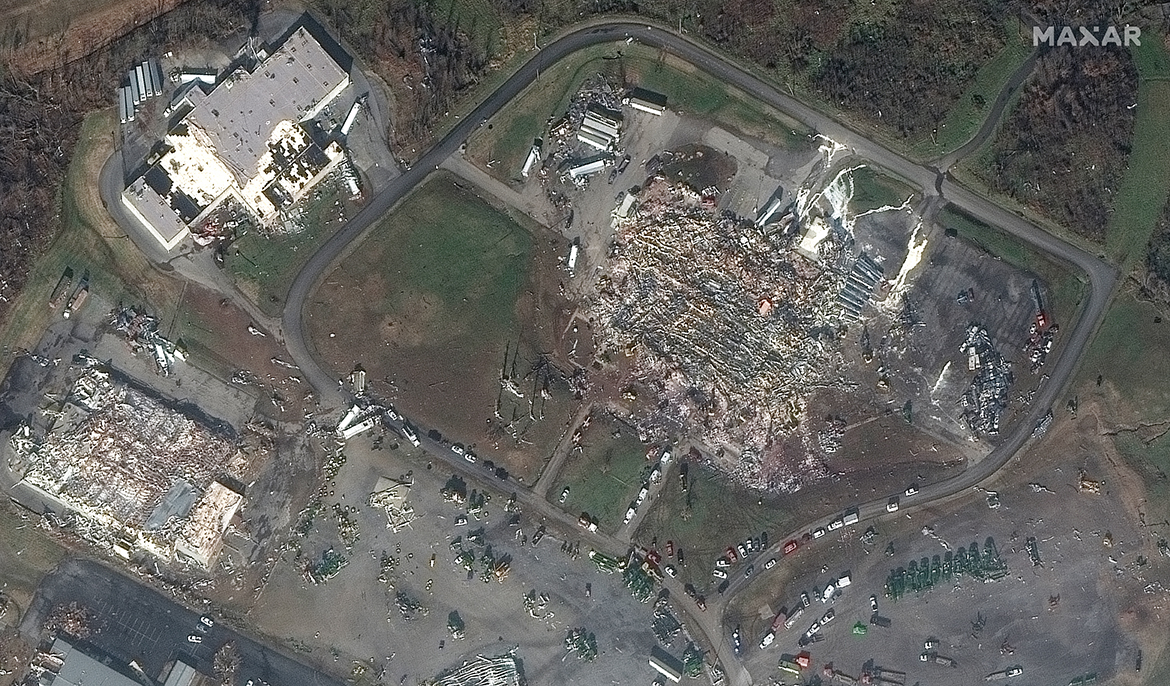 An aerial view of the Mayfield Consumer Products candle factory in Mayfield, Ky., on December 11, 2021